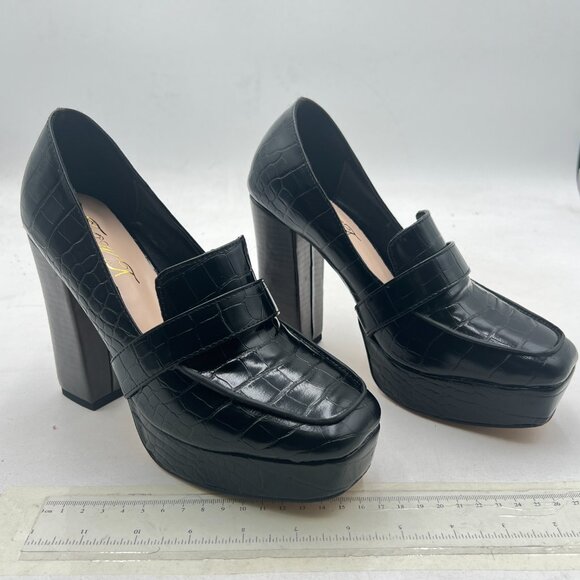 FOWT Black Chunky Heel Loafer Square Toe High Heel Slip-on Crocodile-Text Pumps - Picture 4 of 8